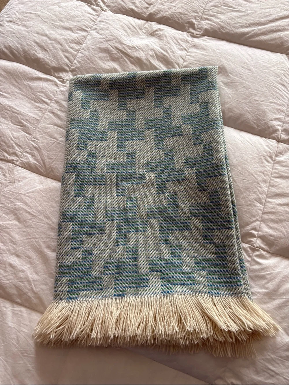Vintage Pendleton Wool Throw Blanket Blue Green Geometric Plaid 66x55 Fringe USA